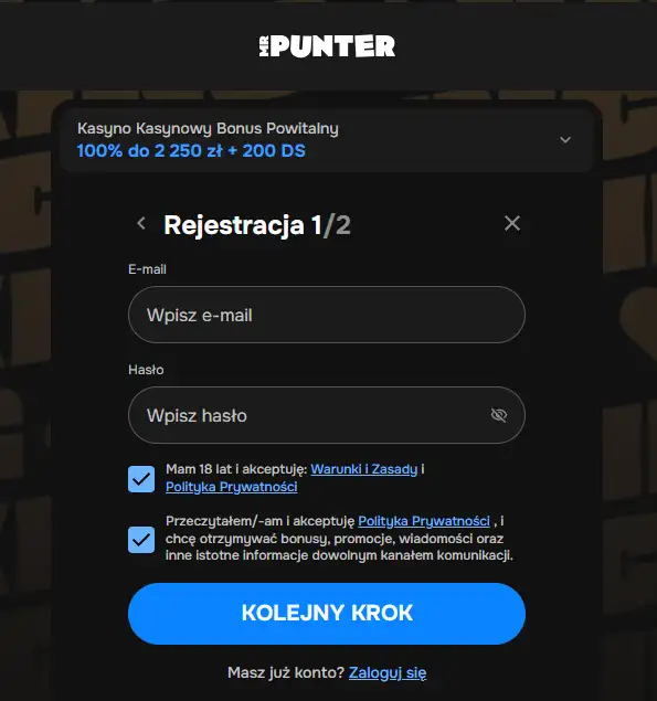 Formularz rejestracji MrPunter