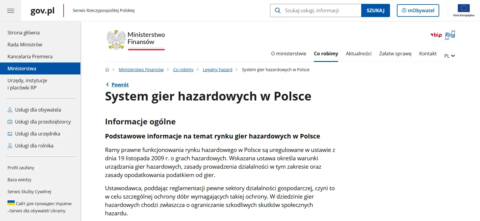 Oficjalna strona Ministerstwa Finansów dotycząca legalnego hazardu online w Polsce